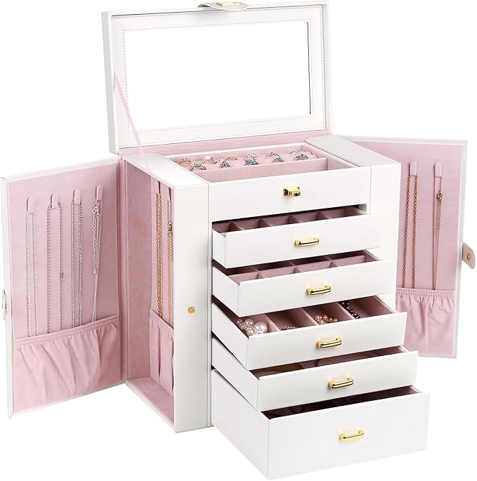 Kendal Extra Large Jewelry Box Jewelry Case PU Leather 6 Tier 5 Drawers Large Storage Capacity with Mirror Jewelry Storage Organizer Great Gift Also Good For Watches LJC-SHD5CM(White)-BubblyBeeBaby