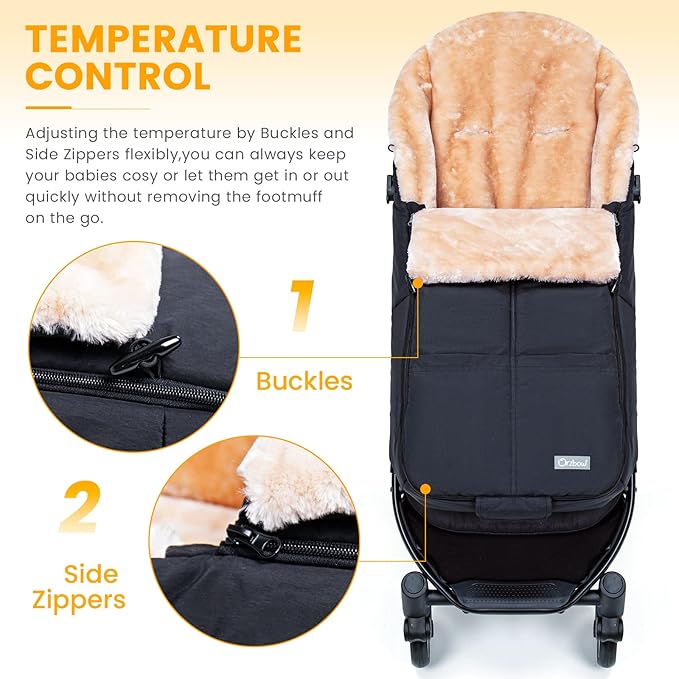 Orzbow Stroller Footmuff Universal | Faux Wool Baby Bunting Bag | Warm, Weather-proof, Adjustable Buckles | Winter Stroller Zipper Blanket Cover | Baby Sleeping Bag for Cold Weather Accessories, Black-BubblyBeeBaby