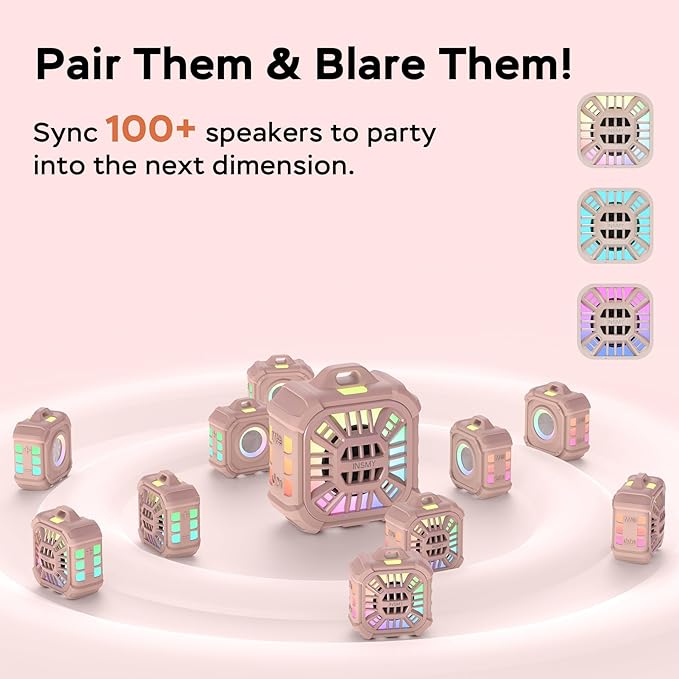INSMY IP67 Waterproof Bluetooth Speaker, Shower Speaker Portable Small Clip-on, Multi Sync 100+ Speakers, Big Volume Booming Bass, 24H Playtime/Floatable/RGB Lights for Outdoor/Kayak/Beach(Pink)-BubblyBeeBaby