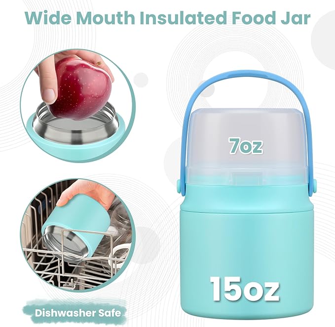 2-in-1 Insulated Food Jar & Snack Container - 15oz Kids Soup Thermos for Hot Food with Handle and Spoon, Leak Proof Reusable Toddler Snack Box, Perfect for School & Travel, Tiffany Blue-BubblyBeeBaby