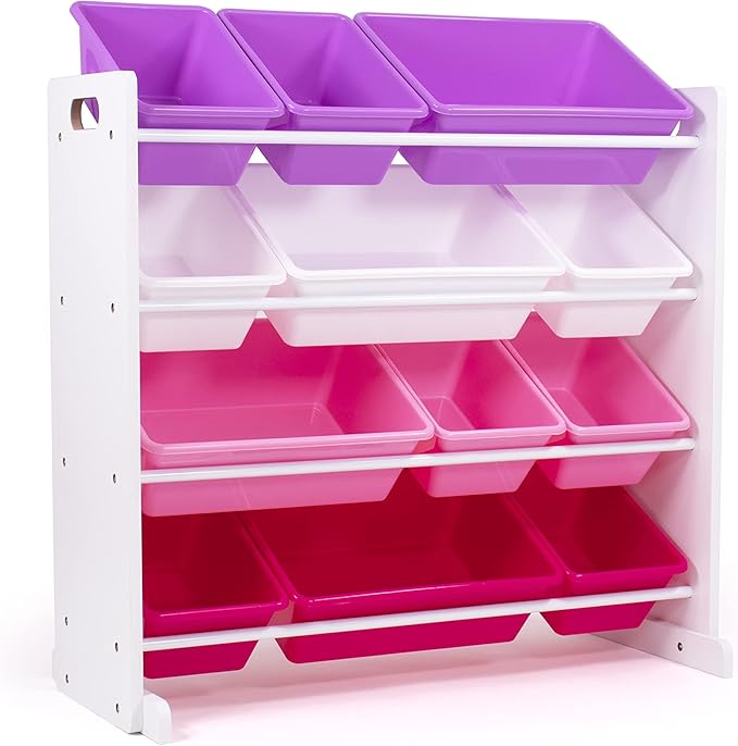 Humble Crew Kids Toy Storage Organizer with 12 Plastic Bins, White/Pink/Purple – Removable Bins for Playroom, Bedroom, Toddler Furniture for Boys and Girls Ages-BubblyBeeBaby