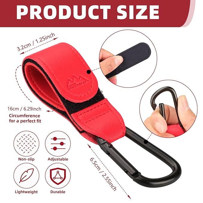 Baby Stroller Hooks Bag Hooks for Hanging Diaper Bags Multipurpose Hooks for Grocery Shopping Bags Premium Vegan Leather Pram Straps 2 Pcs (red)-BubblyBeeBaby