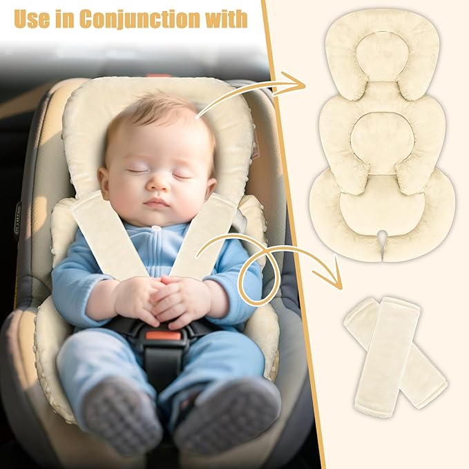 GFU Infant Car Seat Insert Head and Body Support, Reversible Newborn Insert for Carseat with Strap Pads, Soft Stroller Cushion Pillow Insert for Boys and Girls, Fits for Stroller, Swing, Beige-BubblyBeeBaby