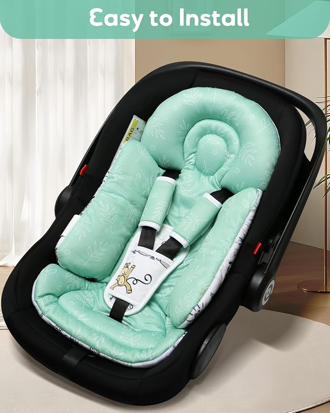 Infant Car Seat Insert, Enlarged Head Support for Baby Carseat, Reversible Newborn Insert with 3 Strap Covers, 2-in-1 Baby Car Seat Cushion for Stroller, Swing, Bouncer, Rocker - Blue Giraffe-BubblyBeeBaby