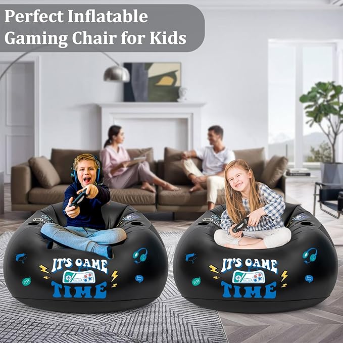 Inflatable Gaming Chair for Kids, Floor Bean Bag Chair for Teens - Boys Room Furniture with Cup Holder and Side Pocket, Inflatable Gaming Couch for Boys Room, Cool Kids Blow Up Couch Decor for Teens-BubblyBeeBaby