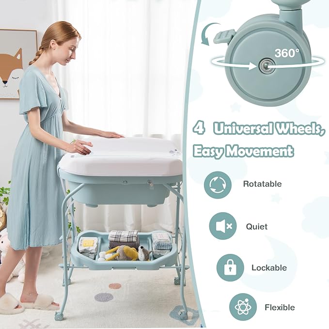 HONEY JOY Baby Changing Table with Bathtub, Foldable Infant Diaper Changing Station with Wheels, Storage Tray, Waterproof Pad, Portable Newborn Nursery Organizer Bath Stand for Boys Girls (Blue)-BubblyBeeBaby