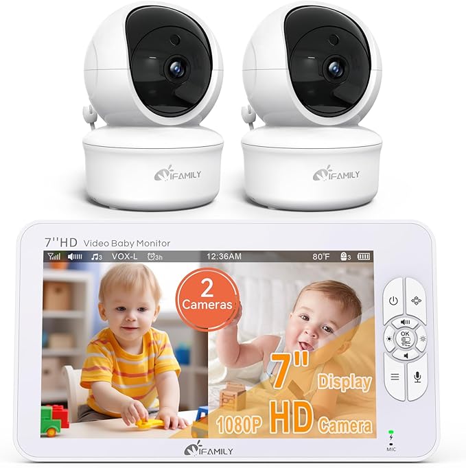 iFamily 7" Large Split Baby Monitor with 2 HD Cameras and Audio, 1080P HD Video Baby Monitor No WiFi,Hack Proof-BubblyBeeBaby