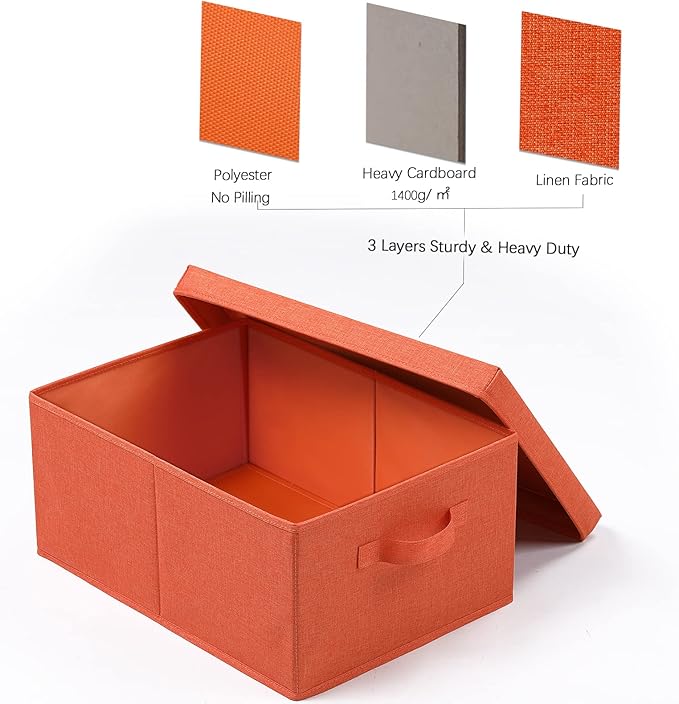 HOONEX Storage Bins with Lids for Organizing, Pack of 2, Storage Boxes with 2 Carrying Handles and Sturdy Heavy Cardboard, 16.5" L x 11.8" W x 7.5" H for Shoes, Books, Clothes, Nursery, Orange-BubblyBeeBaby