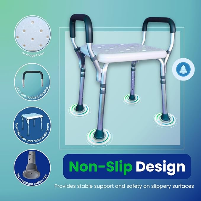 HEALTHLINE Adjustable Shower Bench with Arms – Lightweight Bath Seat with Padded Handles, Height 15"–20", White Plastic Seat with Drainage Holes, for Balance Assistance in Shower/Tub, 300 lb Capacity-BubblyBeeBaby