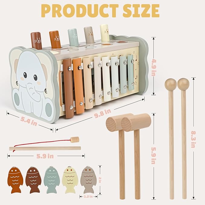Joyreal Wooden Montessori Toys for 1 Year Old - Hammering Pounding Toy with Xylophone & Fishing Game - Educational Toddler Activities for 1 2 3 Year Old Christmas Birthday Gifts-BubblyBeeBaby
