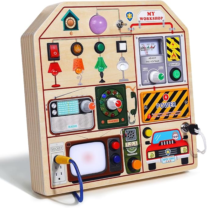 JAUNTY Montessori Wooden Busy Board for Toddlers 3 4 5 Years Old, Wooden Sensory Toddler Toys with LED Light Switches, TV Radio Telegram and Car Driving, Travel Toys Birthday for Boys Girls-BubblyBeeBaby
