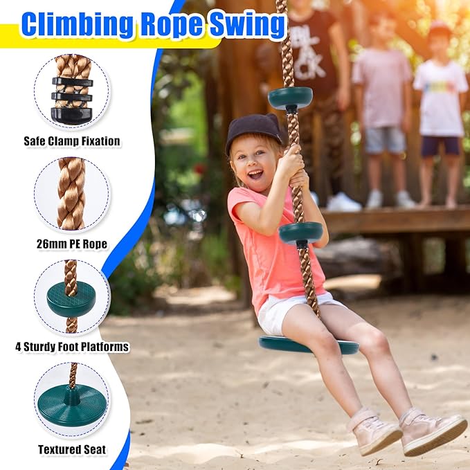Hungdao 2 Set Gym Ring Trapeze Swing Bar and Climbing Rope with Platforms Disc Heavy Duty Coated Chains Seat Accessories for Outdoor Indoor Playground Backyard(Green)-BubblyBeeBaby