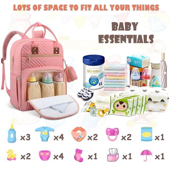 Baby Diaper Bag Backpack, Travel Diaper Bags for Baby Girl Boy Large Capacity Baby Bag Backpack for Women Light Pink-BubblyBeeBaby
