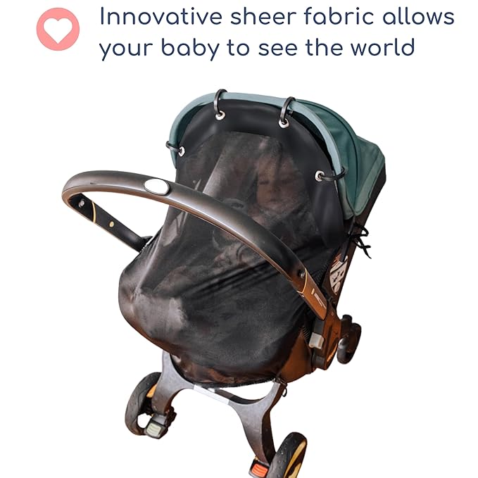 Stroller Sun Shade - Universal UV Protection Cover for Strollers Sunshade with See Through, Clip-On Sun Blocker, Sun Shield for Baby, Breathable Adjustable Fit, Full Coverage, M Black-BubblyBeeBaby