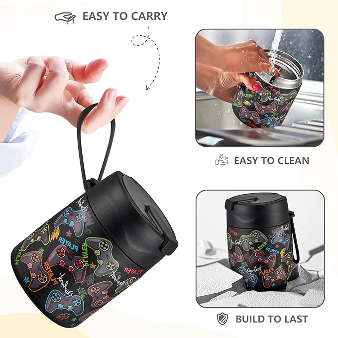 17oz Soup Thermo for Hot Food Kids Insulated Vacuum Food Jar with Stainless Steel Spoon Wide Mouth Thermo Leakproof Lunch Food Container Kids Hot Lunch Box (Black-Game)-BubblyBeeBaby