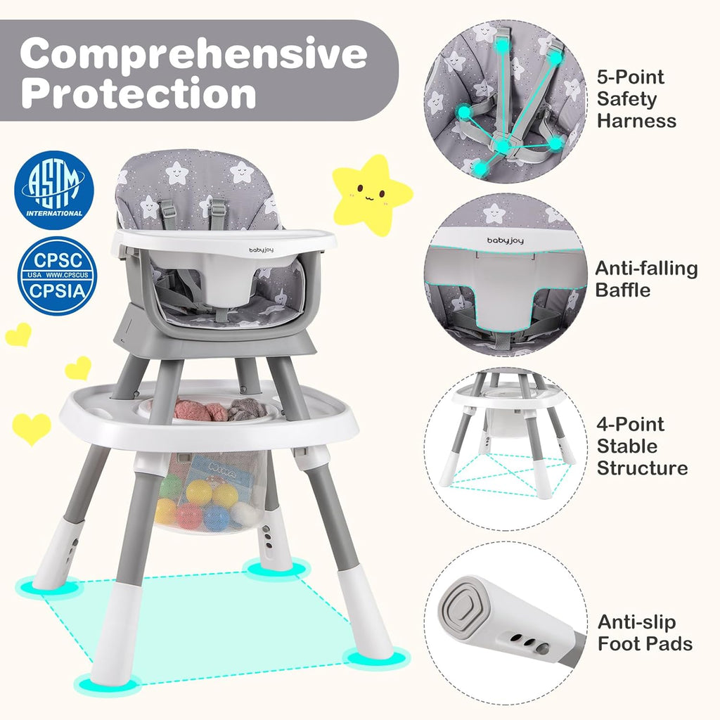 BABY JOY 16 in 1 High Chair, Convertible Baby Highchair for Babies and Toddlers with Activity Center, Booster Seat, Building Block Table, Toddler Chair with Safety Harness, Removable Tray (Gray)
