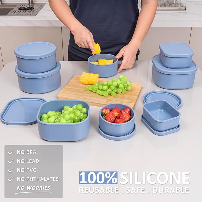 100% Silicone Food Storage Containers with Lids, 8 Pack, 10oz to 51oz, Reusable Leakproof Nesting & Stackable Silicone Bento Lunch Box, Microwave Freezer Dishwasher Oven Safe, BPA Free, Slate Blue-BubblyBeeBaby