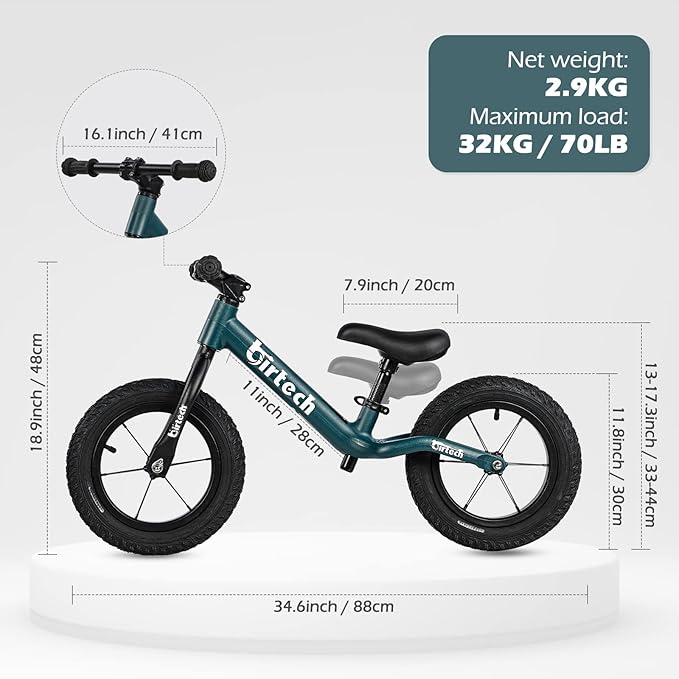 12" Balance Bike for 2, 3, 4, 5 Year Old Boys and Girls, Lightweight Nylon Frame Toddler Training Bike No Pedal Bikes for Kids with Adjustable Seat and Air Tires-BubblyBeeBaby