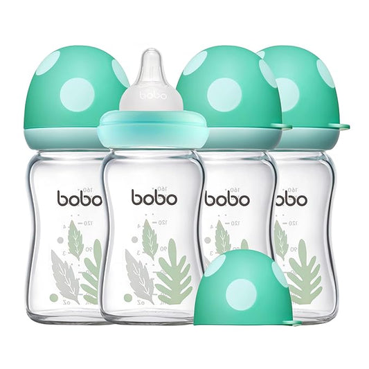 YOHKOH Natural Glass Baby Bottle with Natural Response Nipple, Newborn Anti-Colic Baby Bottles, Wide Neck Mushroom Cap Baby Bottle, Clear ((5.4oz (Pack of 4), Blue-A)-BubblyBeeBaby