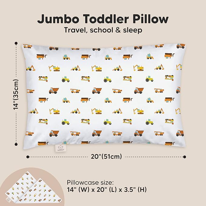 KeaBabies Toddler Pillow with Pillowcase, Jumbo 14X20 - Soft Organic Cotton Toddler Pillows for Sleeping - Machine Washable - Perfect for Travel, Toddler Bed Set (Construction)-BubblyBeeBaby