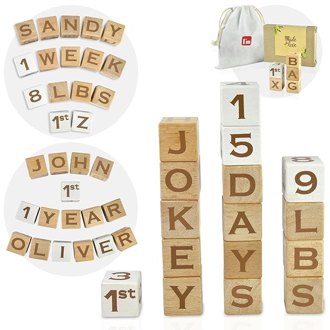 I'm Solid Wood Baby ABC Alphabet Milestone Age Blocks, Personalized Own Name, Gender Neutral, Newborn Gifts & Keepsakes for Picture Props (1.4" / 16 Pcs/Brown)-BubblyBeeBaby