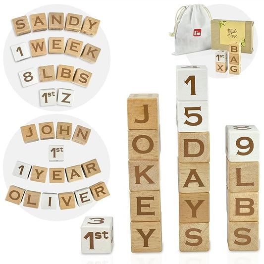 I'm Solid Wood Baby ABC Alphabet Milestone Age Blocks, Personalized Own Name, Gender Neutral, Newborn Gifts & Keepsakes for Picture Props (1.4" / 16 Pcs/Brown)-BubblyBeeBaby
