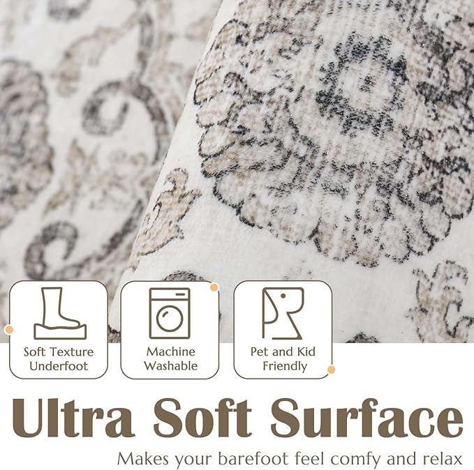 jinchan Floral Area Rugs 4x6 - Machine Washable Vintage Distressed Boho Design Throw Rug Stain Resistant Carpet Low Pile Ultra-Thin Non-Slip for Bedroom Living Room Dining Room Kitchen (4‘x6',Beige)-BubblyBeeBaby