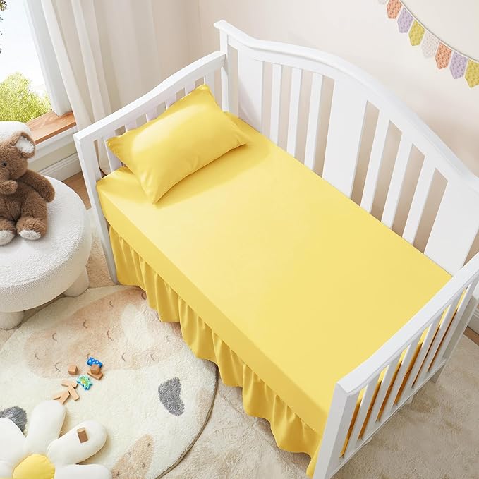 Horbaunal 2 Pack Set Crib Skirt & Crib Bed Sheet, Yellow Crib Bed Skirt 28" x 52" with 14" Drop Dust Ruffle, Soft Microfiber Toddler Bedskirt Nursery Bedding Skirt for Baby Girls and Boys-BubblyBeeBaby
