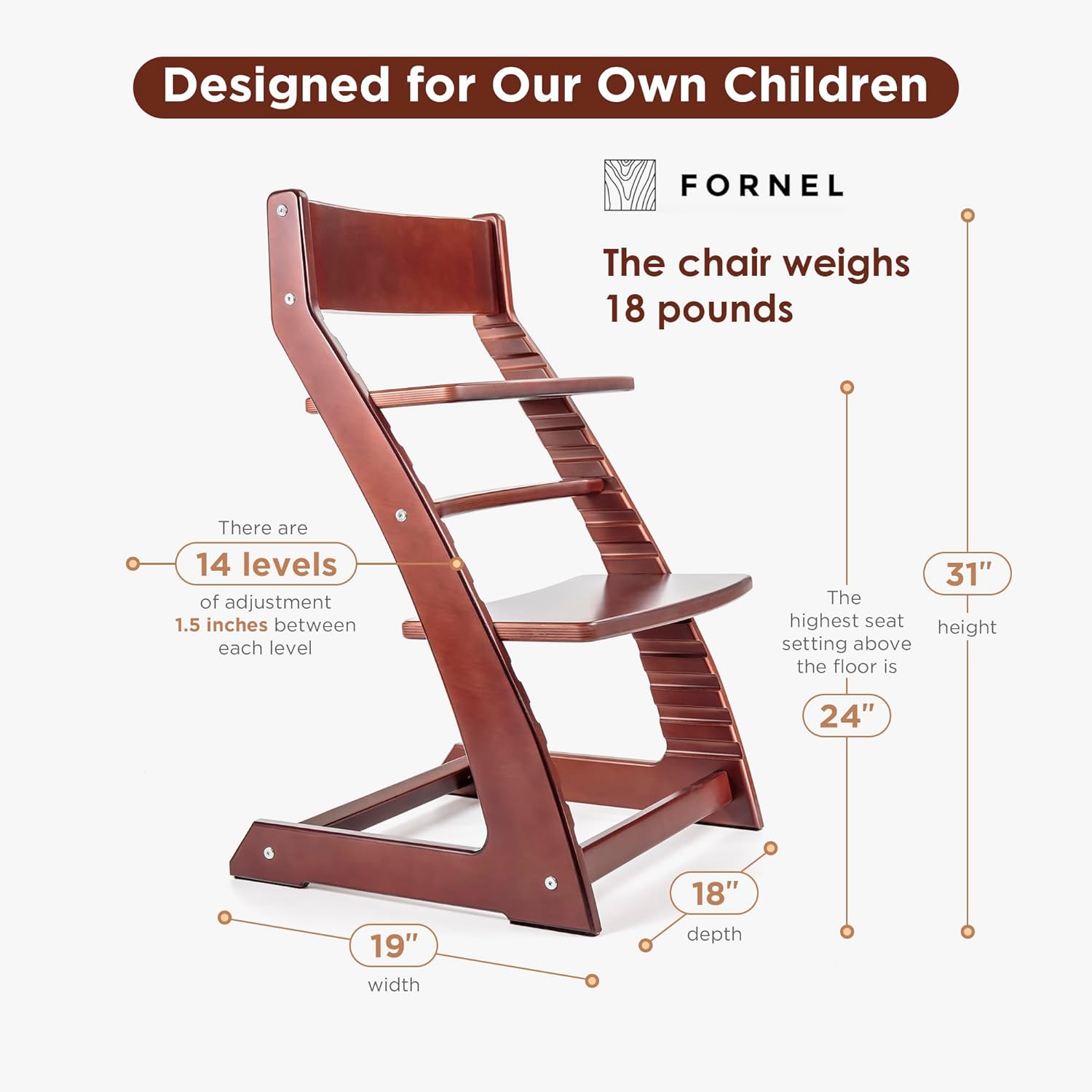 FORNEL Adjustable High Chair in Dark Walnut Finish | The Forever Chair That Grows from Toddler to Adult | Premium Solid Wood Construction
