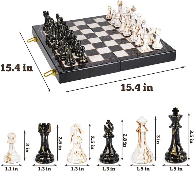 15" Large Chess Set for Adults with Weighted Acrylic Chess Pieces 3.5" King & Portable Folding Marbling Wooden Chess Board Travel Chess Sets Family Board Game Gift – Elegant Classic Chess Game-BubblyBeeBaby