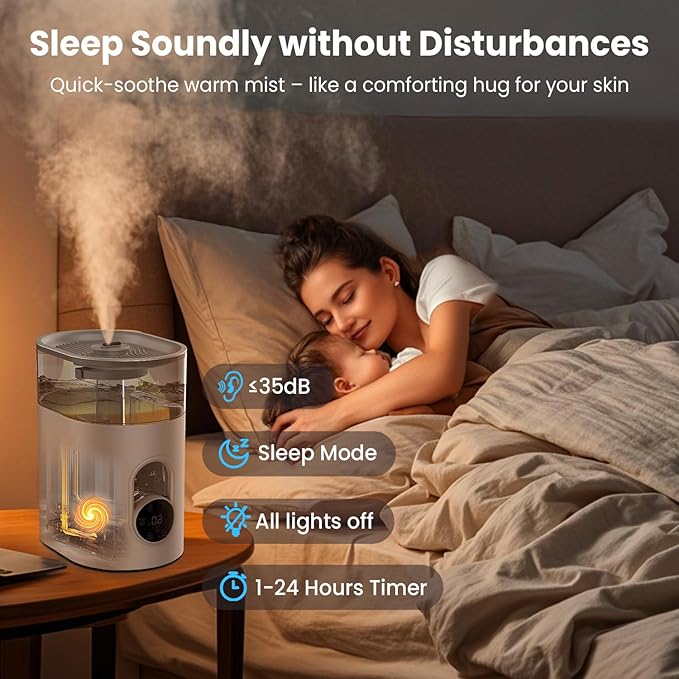 Humidifiers for Bedroom Large Room Home - GloryAir 6L Quiet Top Fill Cool & Warm Mist Humidifier with Smart Humidity Control, Remote Control, 7-Color Light, Humidistat, Oil Diffuser for Plants & Baby-BubblyBeeBaby