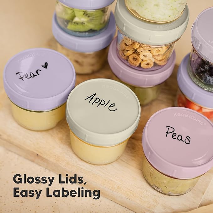 KeaBabies 12pk 4oz Glass Baby Food Containers with Lids - Leak-Proof, Microwavable Small Glass Jars, Baby Purees & Toddler Snack Storage Containers, BPA-Free, Dishwasher & Freezer Safe (Lilac)-BubblyBeeBaby