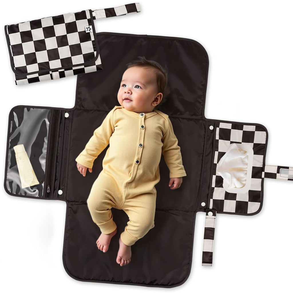 Tiny Twinkle Portable Diaper Changing Pad-Foldable Waterproof Changing Mat&Portable Changing Pad for Travel,Baby Changing Station with Smart Wipes Pocket&Storage (Black Checkers)