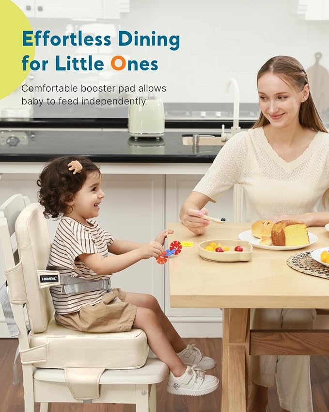 HOMEAL Toddler Booster Seat for Dining Table - Toddler Dining Cushion with Wipeable Surface -Booster Seat for Kitchen Chair with Easy-Install Straps - Breathable Fabric - Beige-BubblyBeeBaby