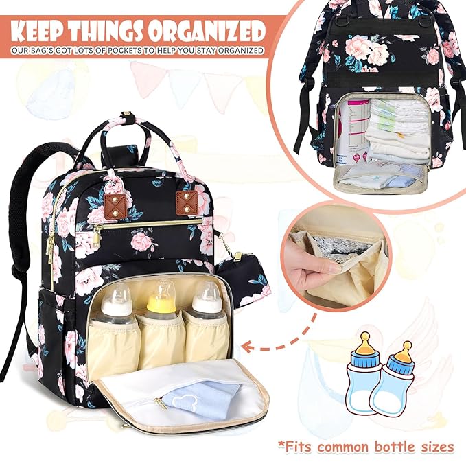 Baby Diaper Bag Backpack, Travel Diaper Bags for Girl Boy Large Capacity Baby Bag Backpack for Women Black Floral-BubblyBeeBaby