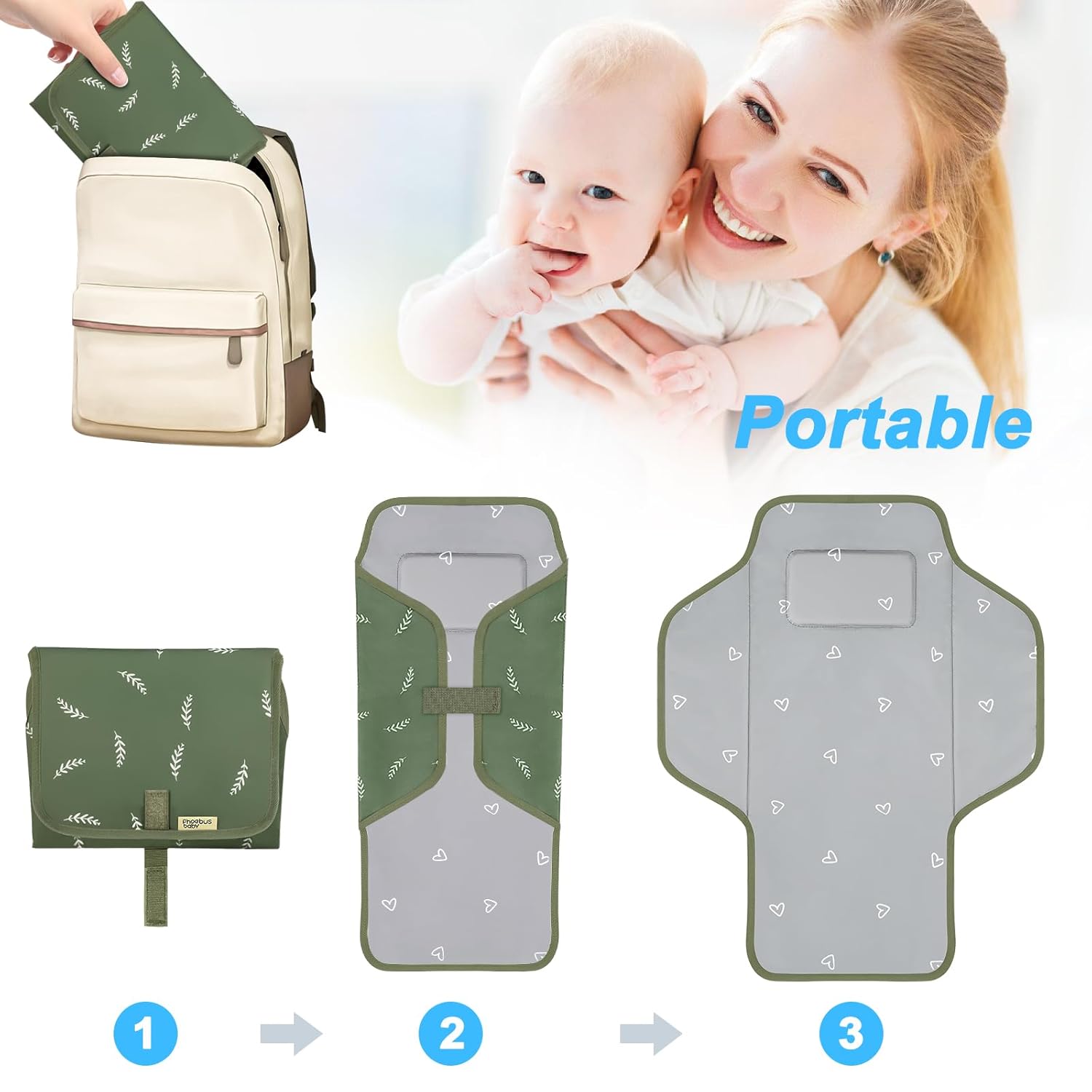 Baby Portable Changing Pad Travel - Waterproof Compact Diaper Changing Mat with Built-in Pillow - Lightweight & Foldable Changing Station, Newborn Shower Gifts