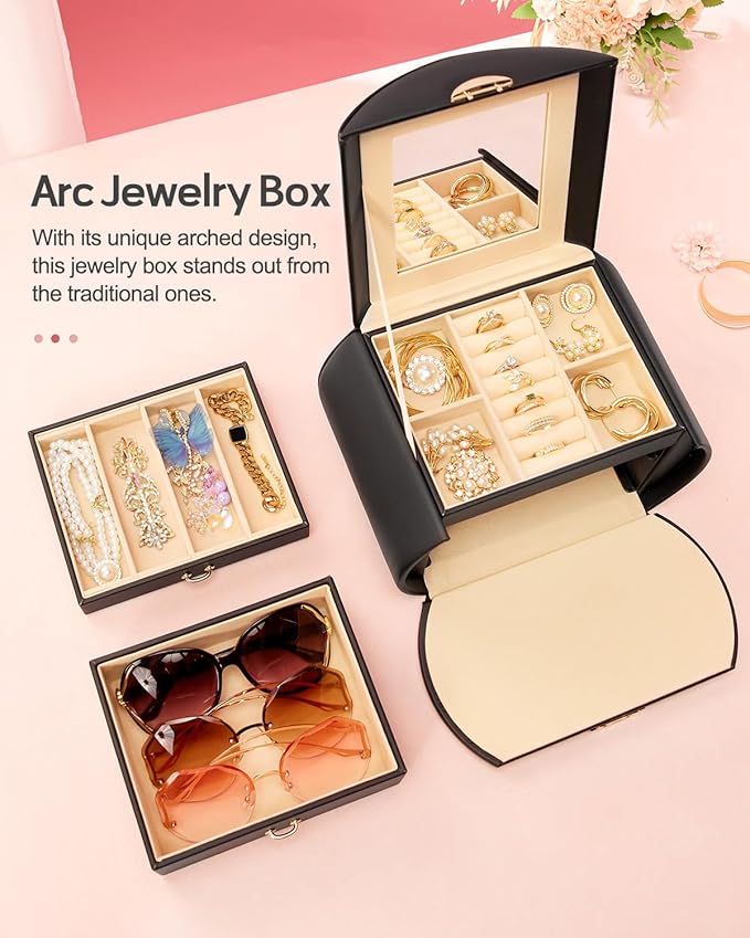 Homde Girls Jewelry Box Jewelry Storage Case Organizer with Mirror for Rings, Earrings, Bracelets, Necklaces (Black + Gold)-BubblyBeeBaby