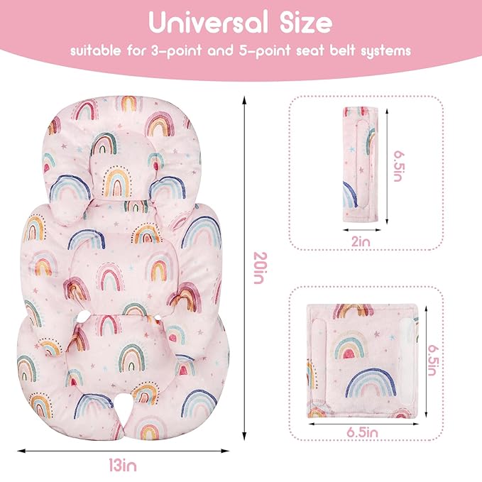 Infant Car Seat Insert, Car Seat Head Support Baby Girls Boys, Soft & Reversible Newborn Carseat Insert Cushion with 2 Strap Covers, for Stroller, Swing, Bouncer (Pink Rainbow)-BubblyBeeBaby