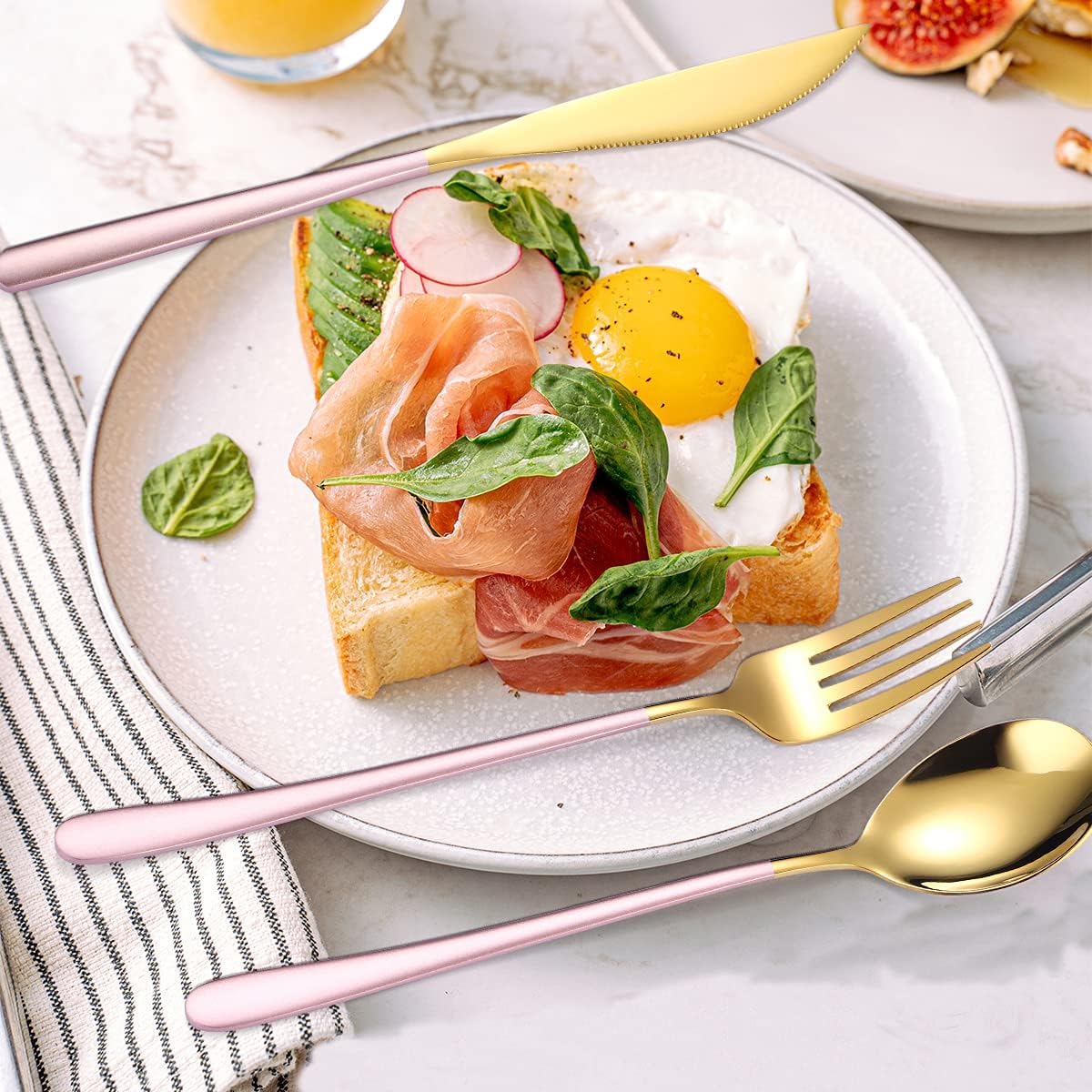 AARAINBOW 6 Pieces 18/8 Stainless Steel Flatware Set Portable Reusable Cutlery Set Travel Utensils Set Including Chopsticks Knife Fork Spoon Straws Cleaning Brush Dishwasher Safe (Pink golden)