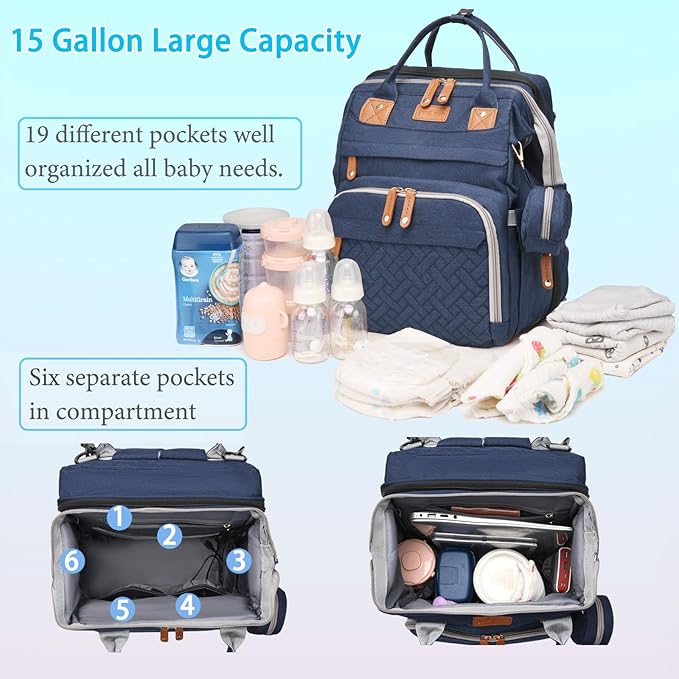 Jeryswet Baby Diaper Bags with Changing Station, Waterproof Large Capacity Diaper Bag Backpack for Moms Dads with USB Charging Port and Stroller Straps, Baby Shower Gifts, Blue-BubblyBeeBaby