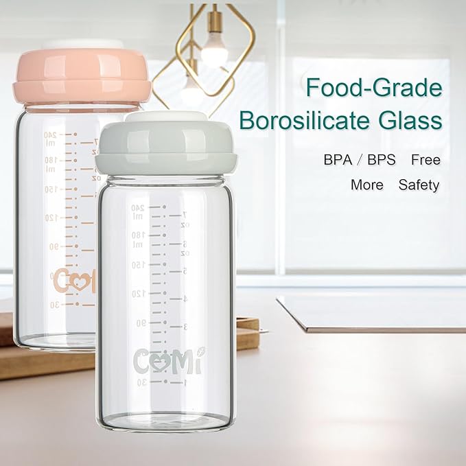 COMI Wide Neck Glass Breastmilk Collection n Storage Bottle, 6 Packs, 8oz with Screw Ring Sealing Disk; Re-markable Sealing Disc. BPA Free, Fits Breast Pumps & Nipples (3 Gray Lids + 3 Pink Lids)-BubblyBeeBaby