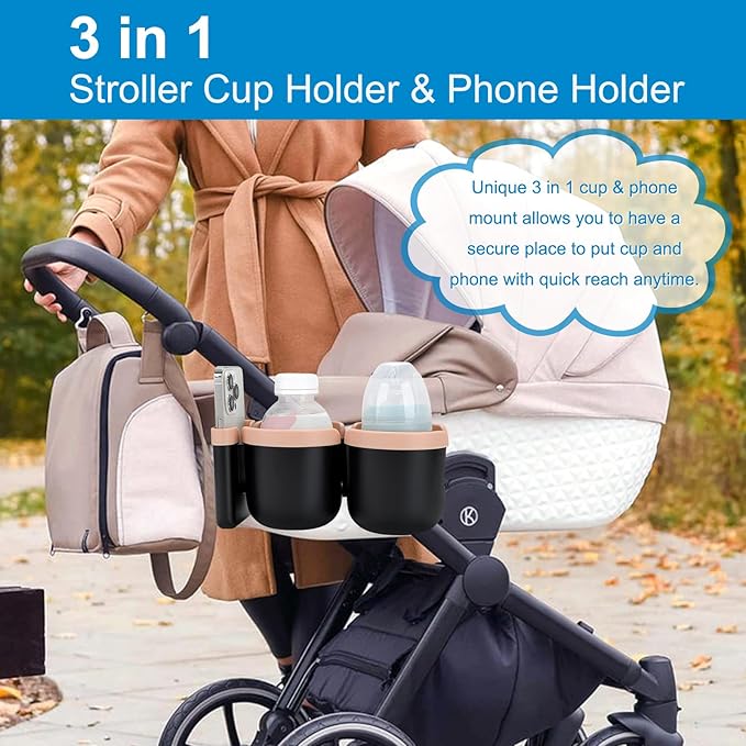 Accmor Stroller Cup Holder with Phone Holder, Bike Cup Holder, Universal Cup Holder for Uppababy Nuna Doona Strollers, 2-in-1 Cup Phone Holder for Stroller, Bike, Wheelchair, Walker, Scooter-BubblyBeeBaby
