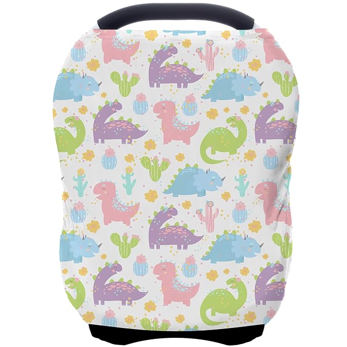 Car Seat Covers Canopy Cover - Multi-use Cover Carseat Canopy, Breathable Breastfeeding Cover, Car Seat Covers for Bbies, Boys & Girls Shower Gifts (Colorful Dinosaur)-BubblyBeeBaby