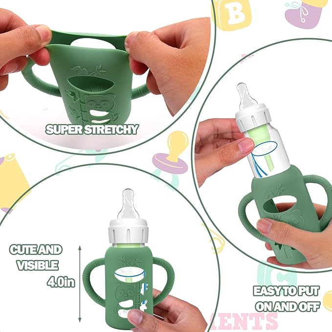 BUSOHA 3 Pack Silicone Sleeves for Dr. Brown's Glass Baby Bottles - Drop Protection Baby Bottle Sleeves Compatible with Dr. Brown's Newborn Glass Bottles with Silicone Handles,4 oz-BubblyBeeBaby
