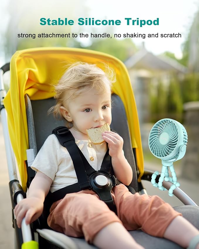 Stroller Fan Clip on for Baby, 4000mAh Rechargeable Battery Operated, Flexible Tripod, 3 Wind Speed, 360° Rotatable, Small Cooling Portable Fan for Car Seat Crib Bike Travel Beach, Blue-BubblyBeeBaby