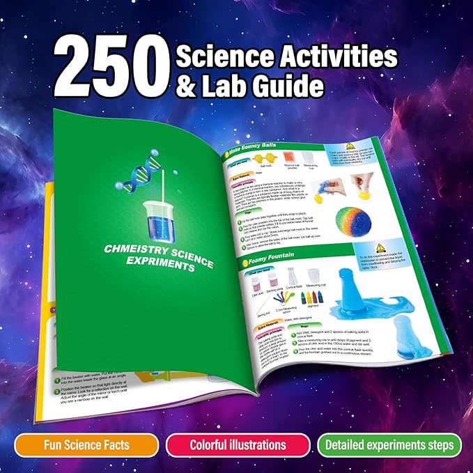 250 Experiments Kits for Kids, Science S.T.E.M Projects Scientific Toys for Boys Girls Gifts Ideas Birthday Christmas, Erupting Volcano, Planet, Bouncy Ball,Chemistry Scientist Set-BubblyBeeBaby