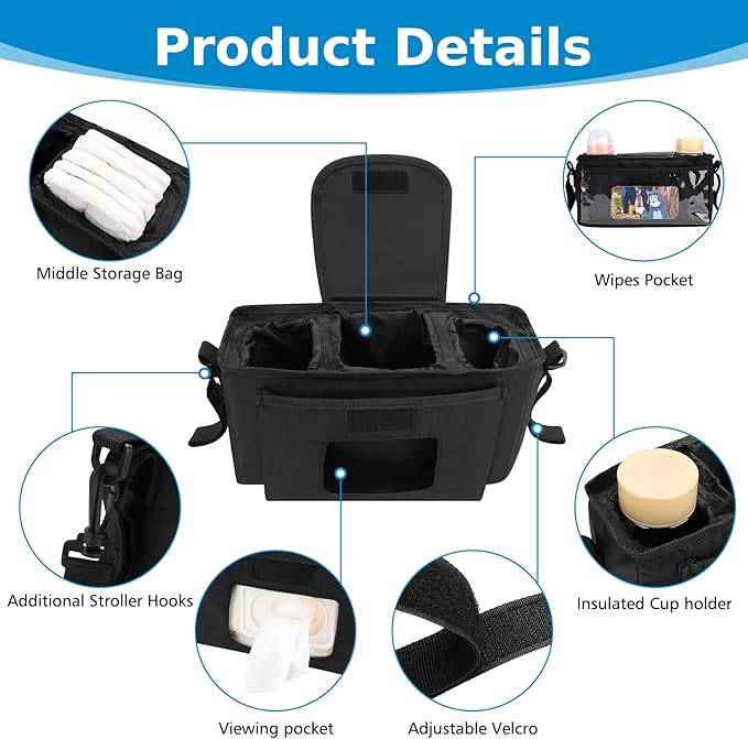 Accmor Universal Stroller Organizer with Insulated Cup Holder and Shoulder Strap, Stroller Caddy Bag Stroller Cup Holder Attachment for Uppababy, Baby Jogger, Britax Strollers, Black-BubblyBeeBaby