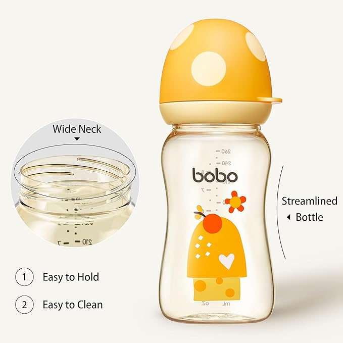 YOHKOH PPSU Baby Bottle Wide Neck, Newborn Anti-Colic Baby Bottle with Natural Response Nipple, Streamlined Body, Easy to Clean (8.8oz (Pack of 2), Yellow)-BubblyBeeBaby