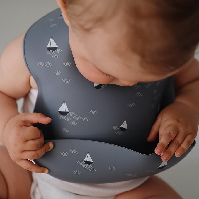 mushie Silicone Baby Bib | Adjustable Fit Waterproof Bibs (Boats)-BubblyBeeBaby