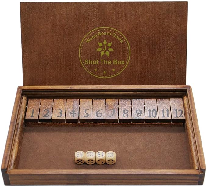 Juegoal Shut The Box Wooden Board Dice Game with 12 Numbers and Lid for Kids Adults Families, 2 Players and Up-BubblyBeeBaby